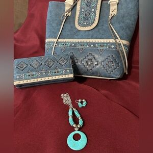 Free jewelry! NWT- Montana West Blue and Tan Embroidered Tote and wallet!